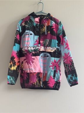 Reason Brand Tropical Palm Print Windbreaker Quarter Zip Jacket Hooded Small